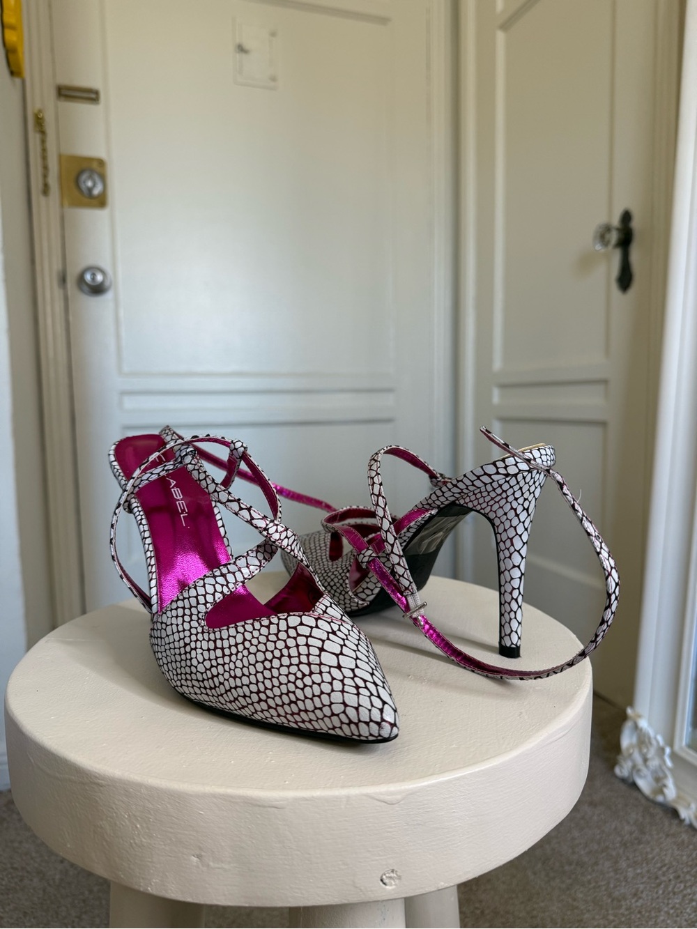 C Label Snakeskin Print Strappy Pointed Toe Heels